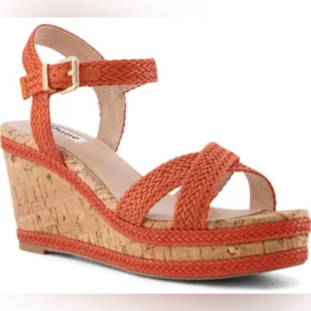 Dune-Braided Cork‎ Wedge Sandals with Ankle Strap in Orange